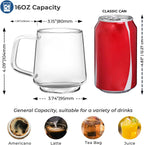 Aquach 16 Oz Glass Coffee Tea Cups, Clear Mugs with Handle, Microwave and Dishwasher safe Home Office Mug Perfect for Americano Latte Hot Beverages, 2-Pack