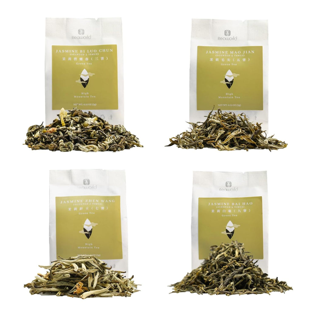iTeaworld Jasmine Green Tea Loose Leaf Samplers Set, With Different Flowery Aromas, No Sweetener, Sweet After Taste, 4 Different Grades of Jasmine Tea Loose Leaf, 16 Pack/56g
