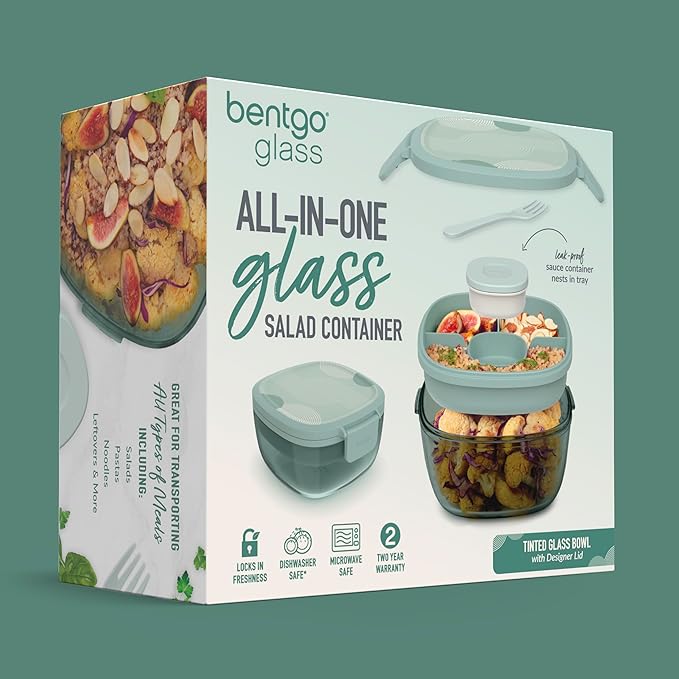 Bentgo Glass Prints All-in-One Salad Container - 61oz Tinted Glass Salad Bowl with Lid, Bento-Style Tray, Sauce Container, & Reusable Fork - Dishwasher & Microwave Safe (Mod Curve - Serene Green)