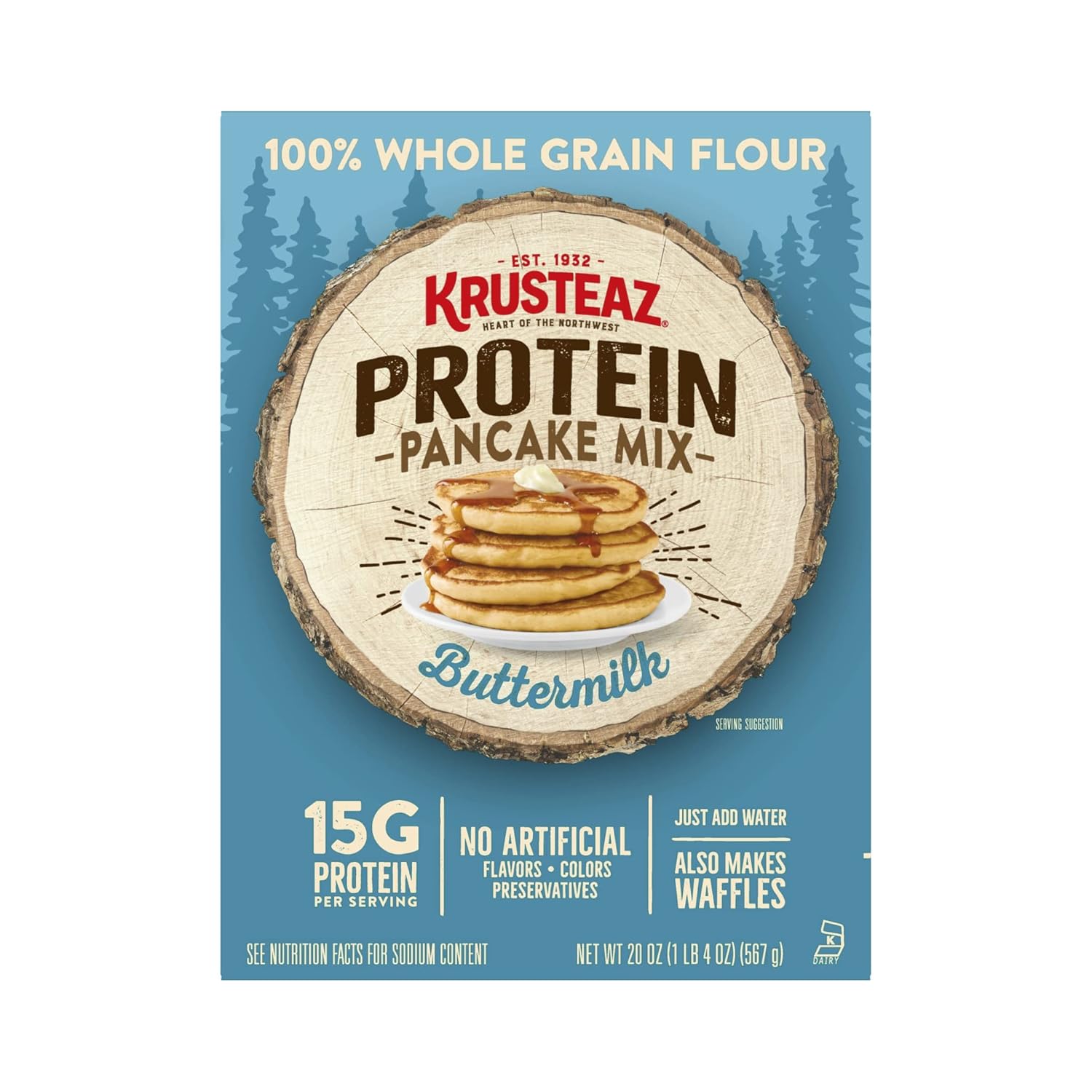 Krusteaz Protein Pancake Mix, Buttermilk Pancake Mix, 100% Whole Grain Flour & 15g of Protein Per Serving, Also Makes Waffles, Just Add Water (1.25 Pound (Pack of 4))