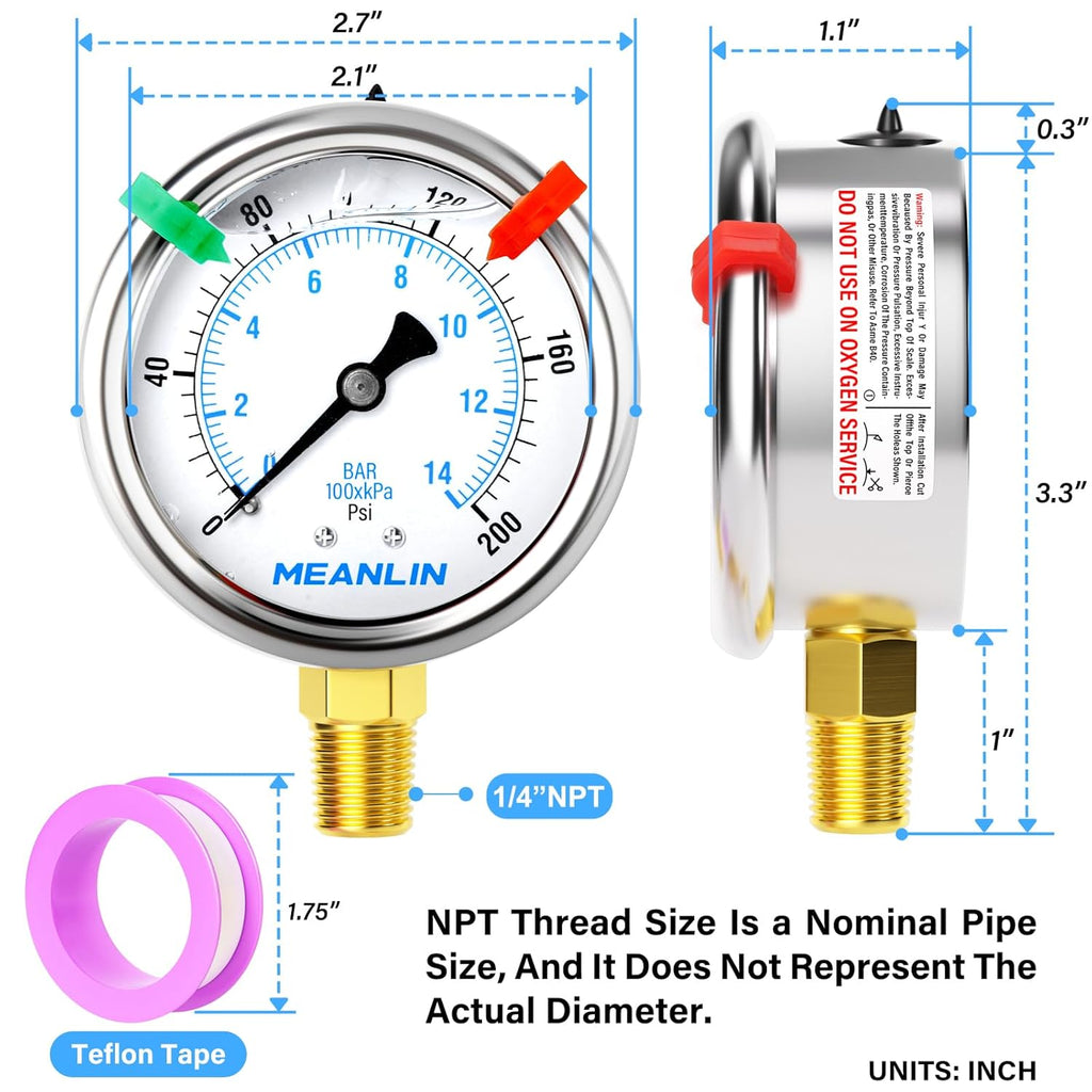 MEANLIN MEASURE 0~200Psi Liquid Filled Pressure Gauge 1/4" NPT 2.5" FACE DIAL Stainless Steel Glycerin Filled WOG Water Oil Air Lower Mount (with 2PCS Snaps)