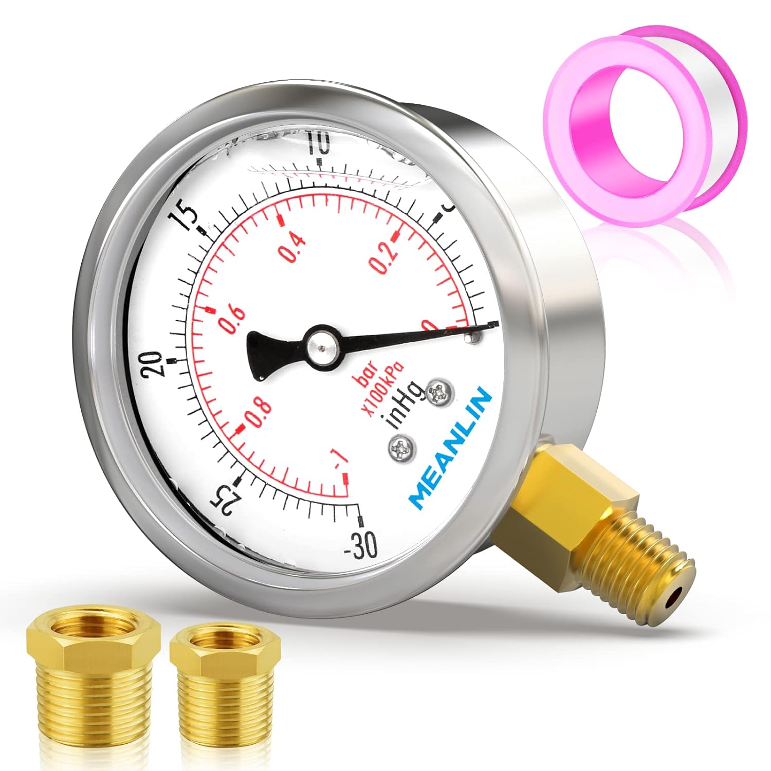 MEANLIN MEASURE -30inHG~0Psi Stainless Steel 1/8" NPT 2.5" FACE DIAL Vacuum Pressure Gauge, Lower Mount, with 1/4" NPT and 3/8" NPT Hex Bushing