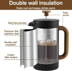 Rorence 34oz French Press Coffee Maker, Coffee Press with Real Wood Handle & Plunger Head, Double Wall Insulation & Dual-Filter Screen, incl. replaced filters & instructions, Black