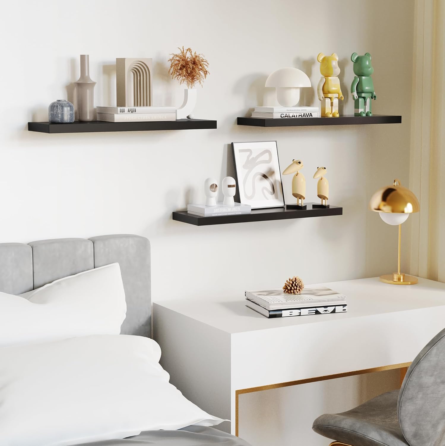 Floating Shelves - Black Wood Wall Shelf Set of 3, 24" Wall Mounted, Kitchen, Living Room, Bedroom, Bathroom Storage, Book Shelf, Frame Display