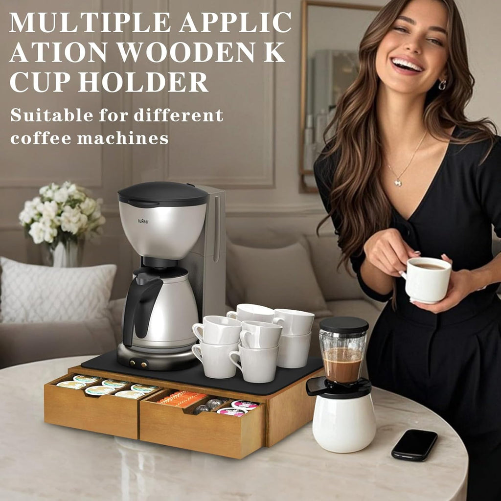 Mosucoirl Wooden K Cup Holder Organizer,Coffee Cup Drawer With Coffee Mat Coffee Pod Holder Tea Bag Storage Organizer Counter Coffee Maker Stand for Kitchen Office Coffee Bars
