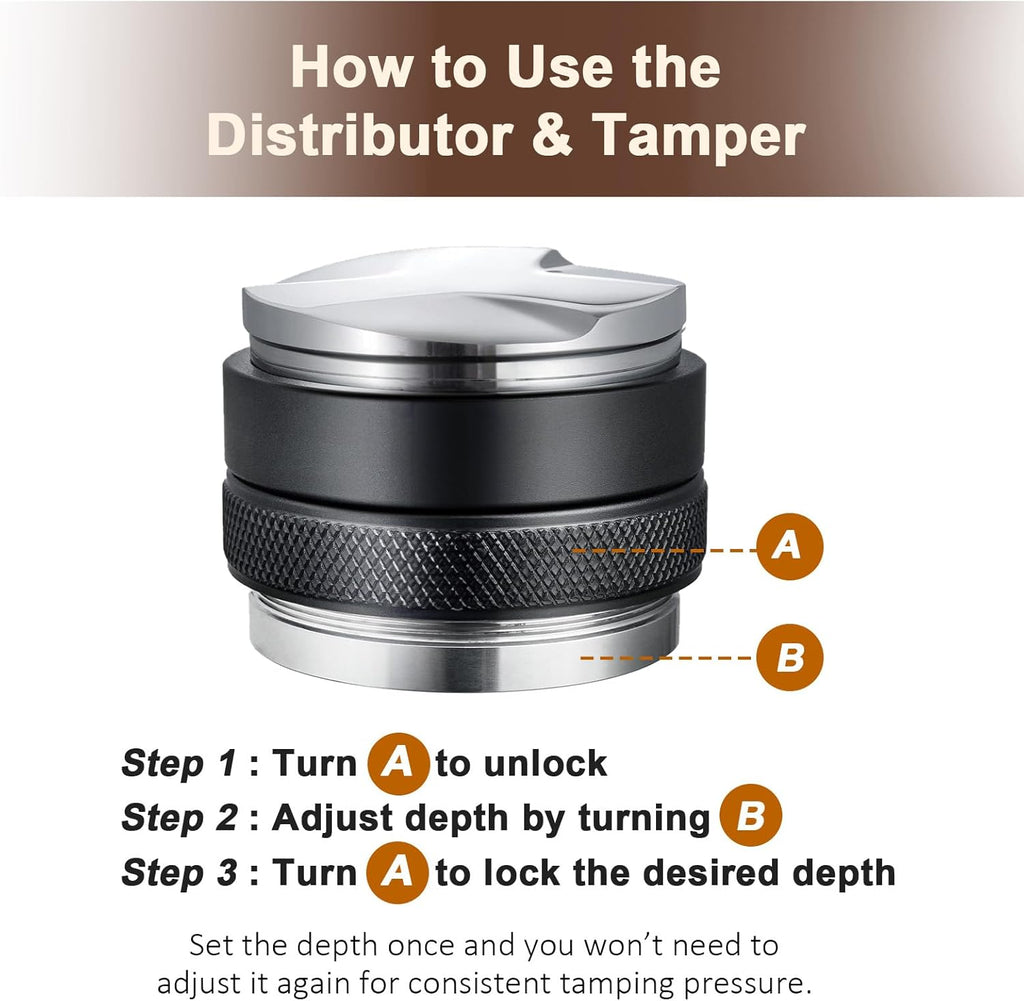 53mm Adjustable Coffee Distributor & Tamper, Dual Head Coffee Leveler, Compatible with 54mm Breville Portafilter, 2-in-1 Espresso Hand Tamper with Adjustable Depth