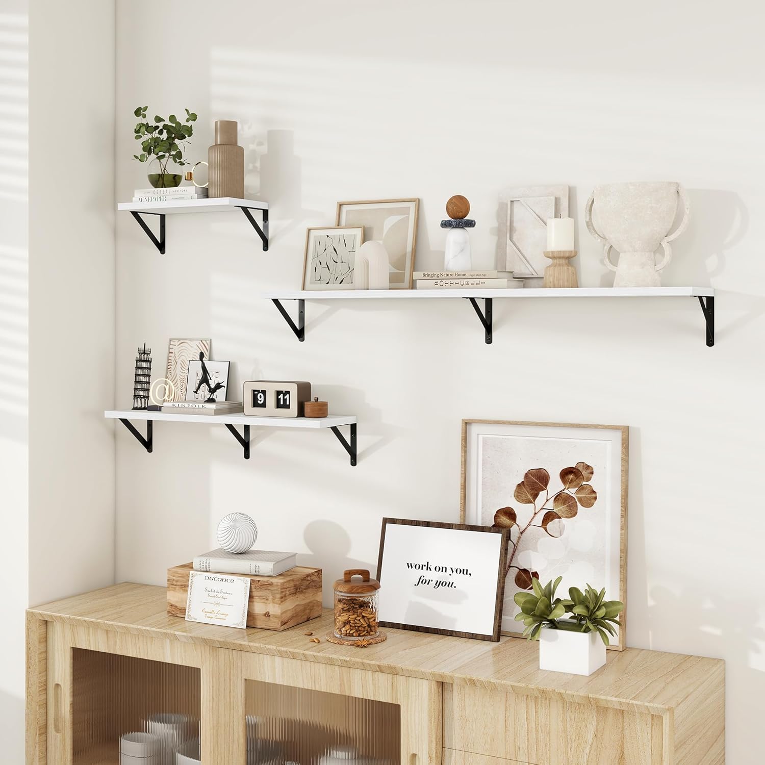 Dreamland White Floating Shelves for Wall, 16W x 8D Wall Mounted Shelves Set of 2, Floating Shelves Bedroom with Sturdy Metal Brackets for Living Room, Bathroom and Kitchen