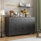 55" Sideboard Buffet Cabinet with Storage, Coffee Bar Cabinet with 3 Drawers and 4 Barn Doors, Long Storage Cabinet Modern Farmhouse, Black Wood, for Kitchen, Dining Room, Living Room