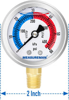 MEASUREMAN 2" Dial Size, Glycerin Filled Pool Filter Pressure Gauge, 304 Stainless Steel Case, 0-60psi/420kpa, 1/4" NPT Lower Mount