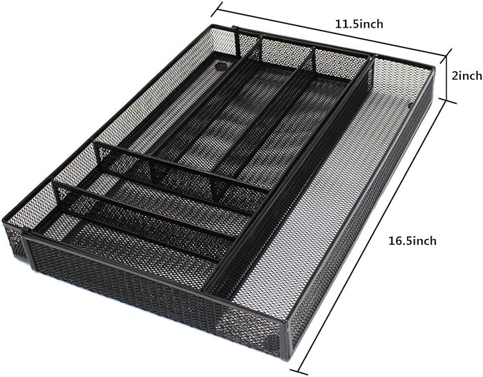 JANE EYRE Utensil Drawer Organizer - Expandable Cutlery Tray, Silverware/Flatware Storage Divider for Kitchen, Mesh Designing with Non-slip Rubber Feet (black)