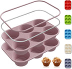 2 Pack 6 Cups Jumbo Muffin Pan with Metal Reinforced Frame Silicone Molds Egg Bites Silicone Circle Cookie Molds Extra Large Muffin Tin Jumbo Tart Pans Baking Sheet Set for Sandwiches