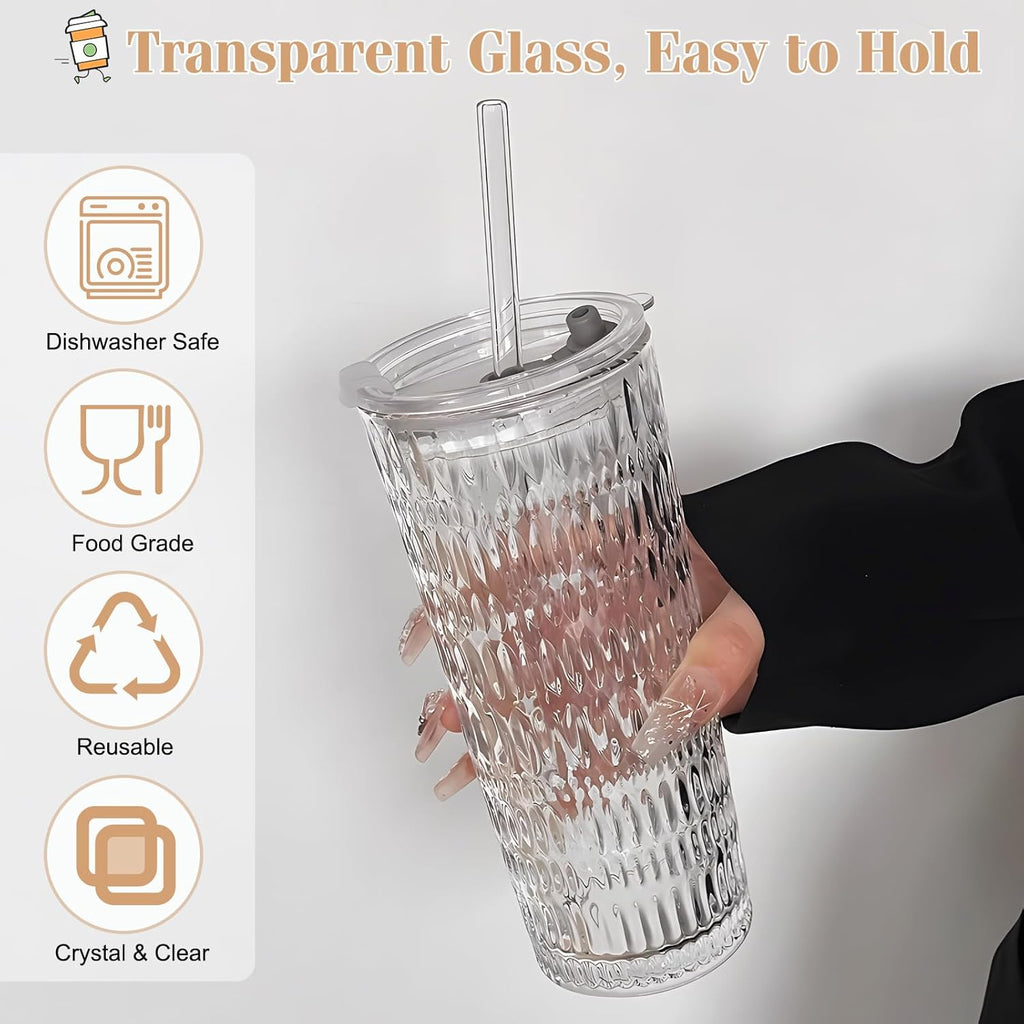 2 Pack Glass Tumblers with Lids and Straws 18oz: Leak-Proof Drinking Glasses with Airtight Lid, Stylish Water Ripple Design, Reusable Glass Iced Coffee Cups for Cold Drinks, Car Holder Fit