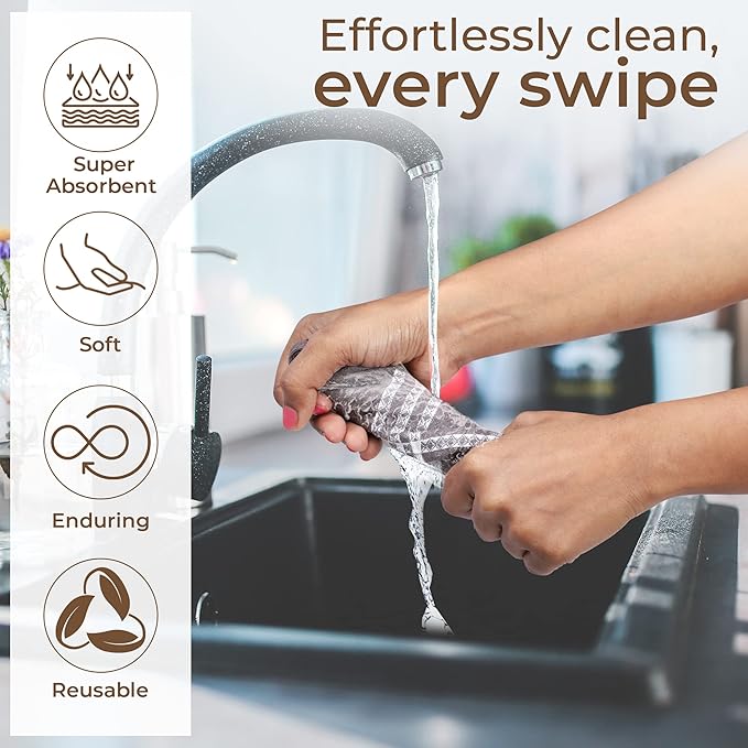 Urban Villa Cotton Dish Cloth Set of 8, Waffle Kitchen Cloth 12x12 Inch Highly Absorbent Soft Dish Cloths for Kitchen Cleaning & Drying Dishes Mitered Corner Dish Towels - Grey White, Checks