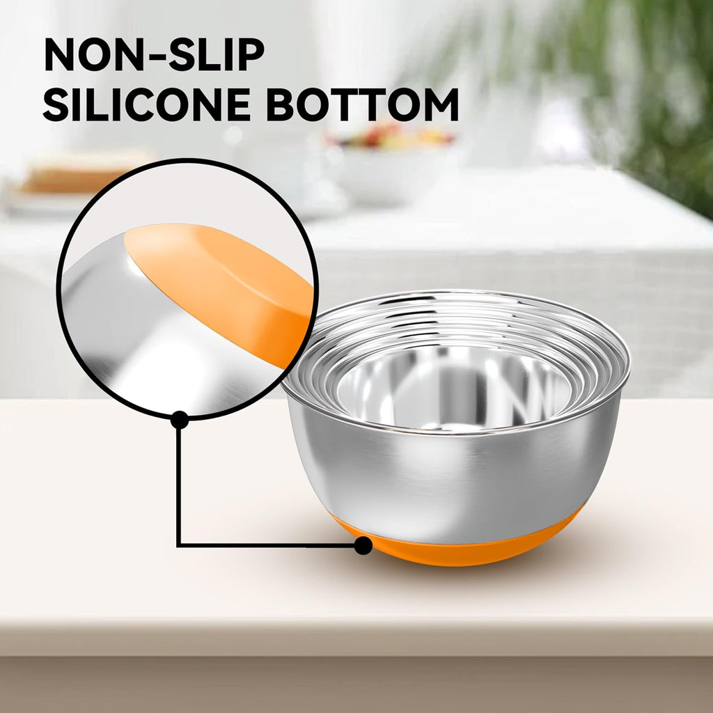 Stainless Steel Mixing Bowls with Lids – Set of 5 Large Nesting Metal Bowls for Kitchen, Baking, Cooking, Food Prep & Storage, Non-Slip Base, Dishwasher Safe,Orange