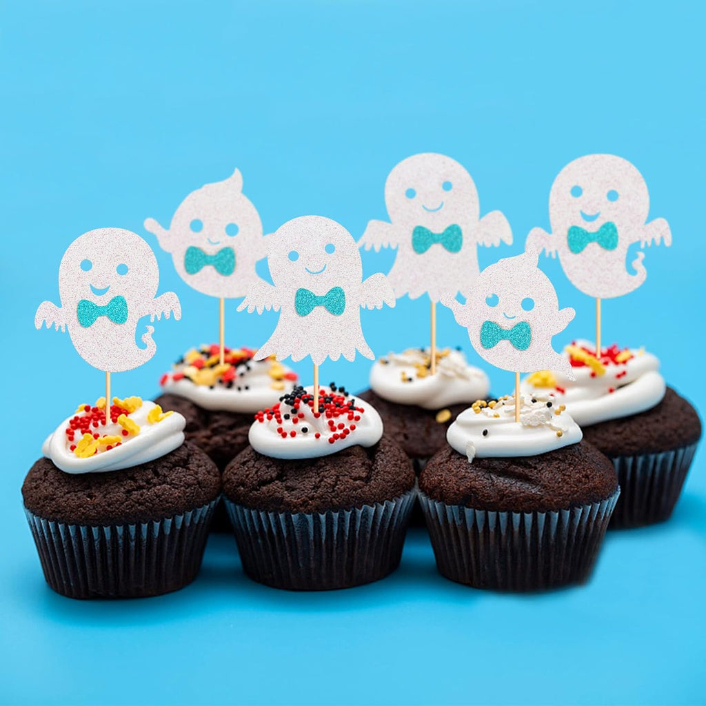 24Pcs Ghost Cupcake Toppers - Bule Halloween, Bule and White Halloween Birthday Decorations, Bule Halloween Baby Shower Decor, Ghost Decorations, Halloween Gender Reveal Decorations
