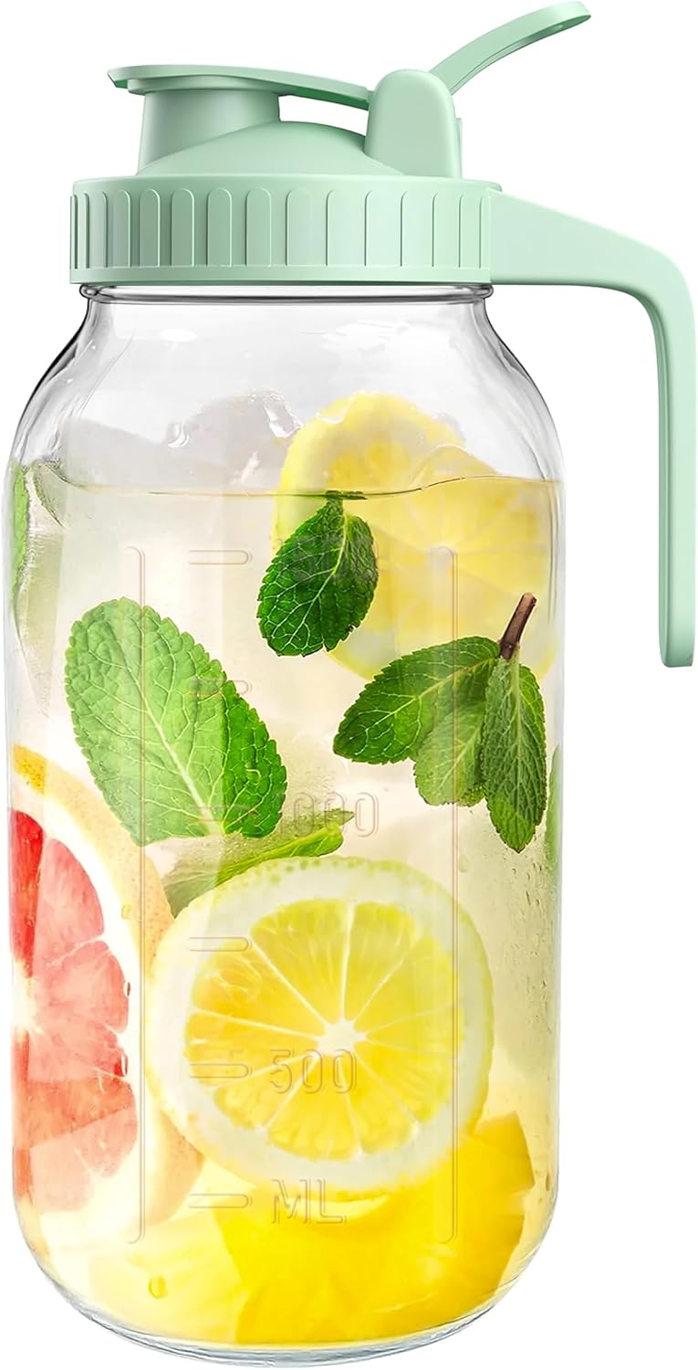 2 Quart Wide Mouth Glass Pitcher with Lid, 64oz Mason Jar Pitcher, Leak-proof Iced Tea Pitcher,Heavy Duty Container for Fridge Sweet Tea,Juice,Cold Brew Coffee,Breastmilk Storage Drinks-1PACK/Green