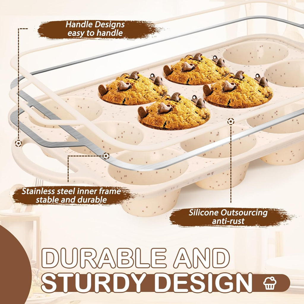 Silicone Muffin Pan, 12 Cups Muffin Tin Baking Mold With Reinforced Stainless Steel Frame Inside, Nonstick Bakeware Cupcake Pan BPA Free, 2PCS