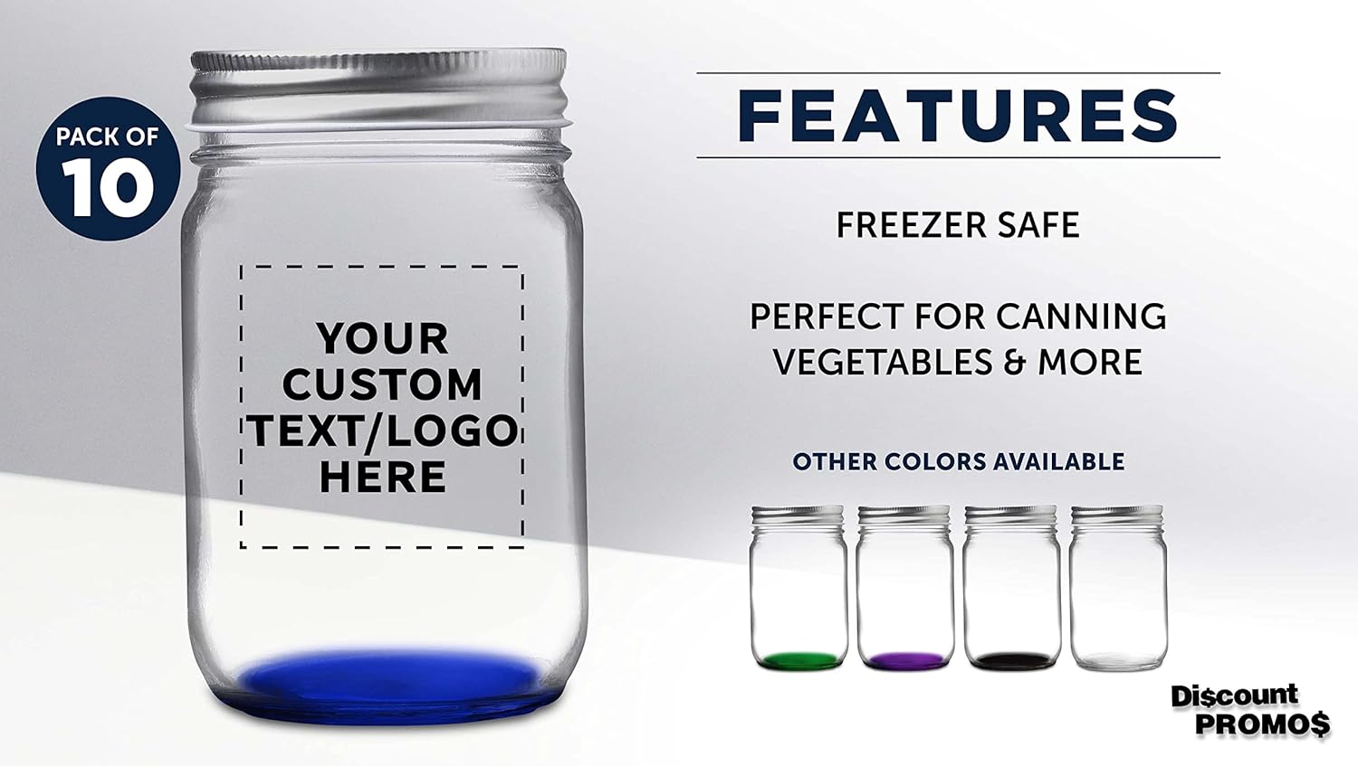 DISCOUNT PROMOS 10 Decorating Mason Jars Set, 12 oz. - Customizable Text, Logo - Canning, Aluminum Lid - Blue