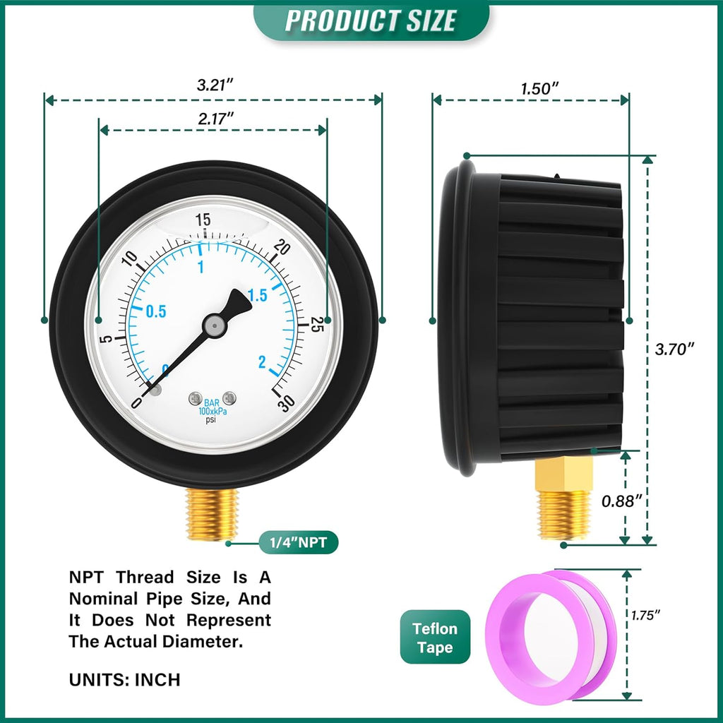 0-30PSI Stainless Steel Liquid Filled Pressure Gauge, 2.5" Dial Size, 1/4" NPT Lower Mount, with Rubber Protective Sleeve, for Tube, Water Pump, Gas, Liquid, Pressure Test