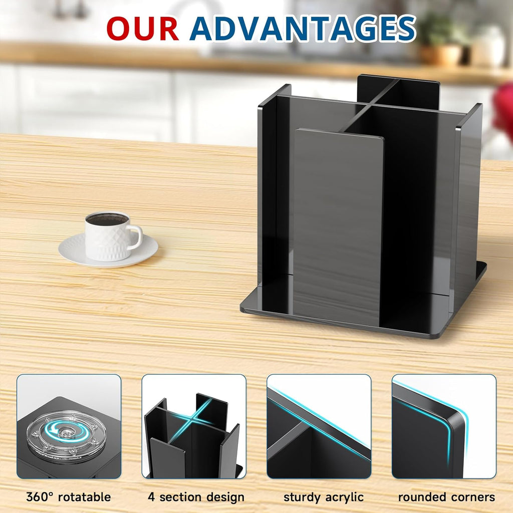 Cup and Lid Holder, 4 Compartment, Square | Rotating Coffee Cup Dispenser Lid Carousel for Restaurant, Buffet, Coffee Station, Bar, Countertop, Black Acrylic