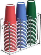 Disposable Coffee Cup Dispenser with Handles, Countertop or Wall Mount Hot/Cold Drink Cup and Lid Holder - Bathroom/Kitchen/Office Acrylic Cup Lid Storage Organizer (3 Compartments, Clear)