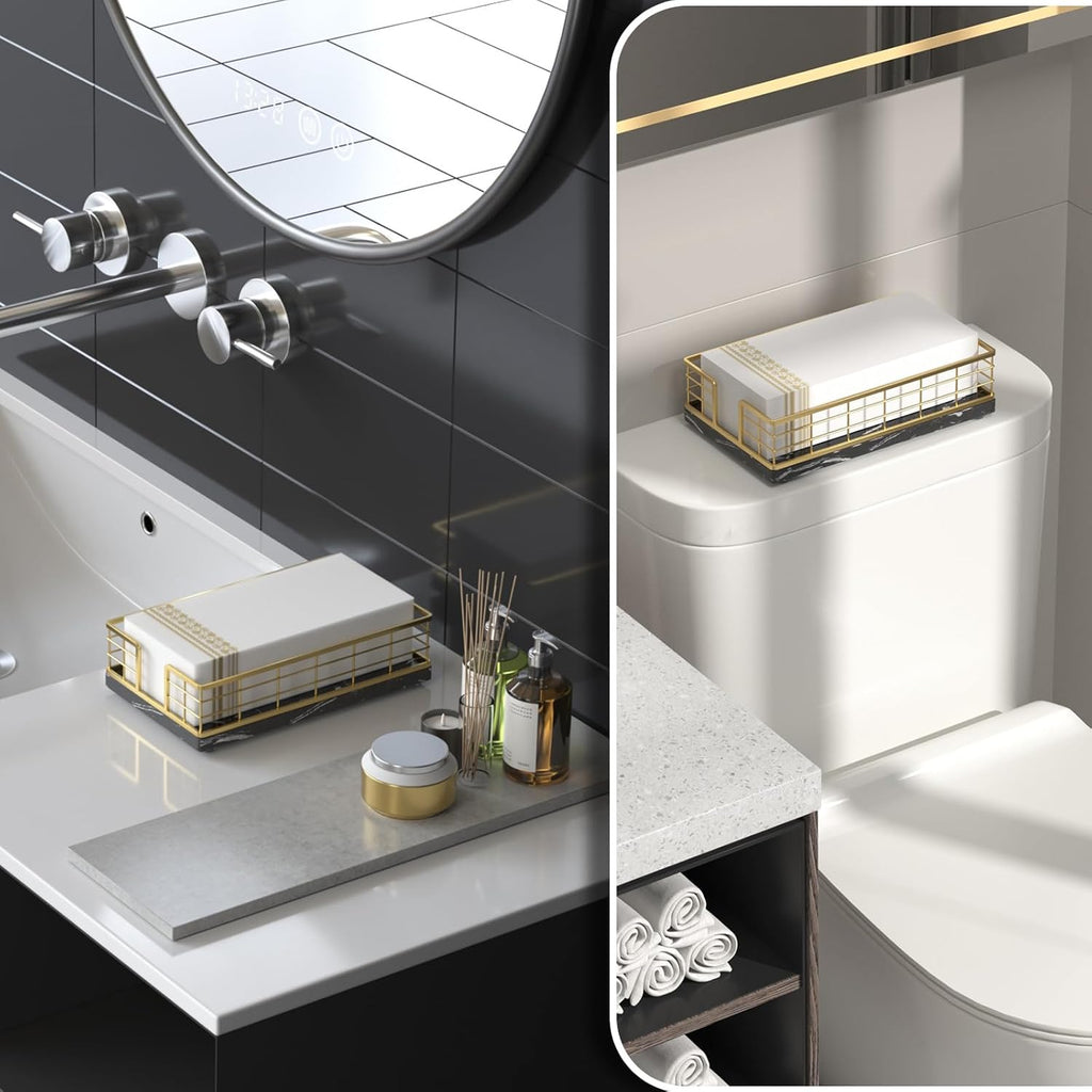 Wican Marble Guest Towel Holder Tray for Bathroom, Napkins Holder for Powder Room Dinning Table Wooden Basket for Disposable Paper Hand Towels Gold and Marble Black