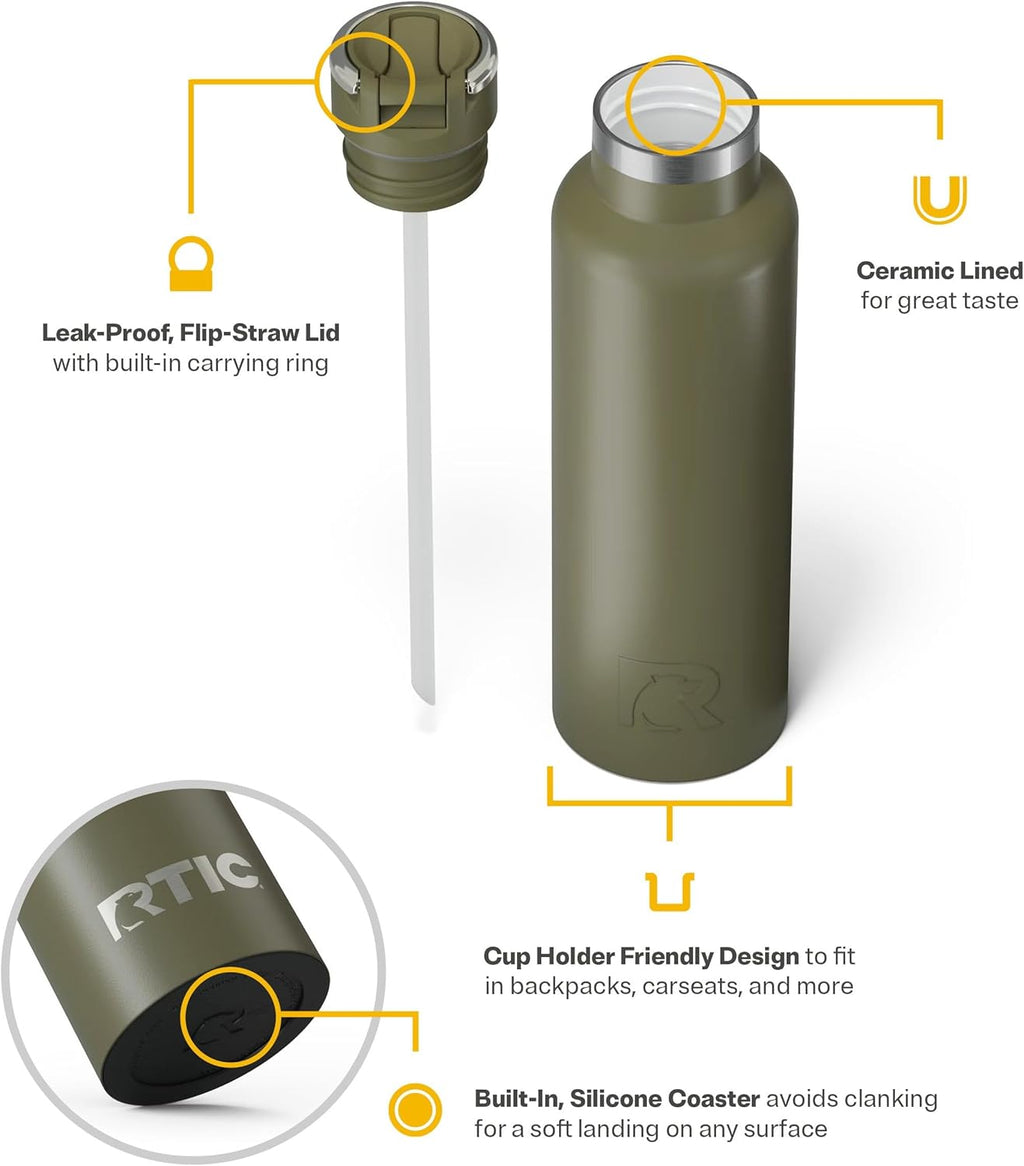 RTIC 20oz Journey Bottle Metal Stainless Steel Vacuum Insulated, BPA Free, Reusable, for Water, Hot and Cold Drinks, Travel, Sports, Camping, Olive