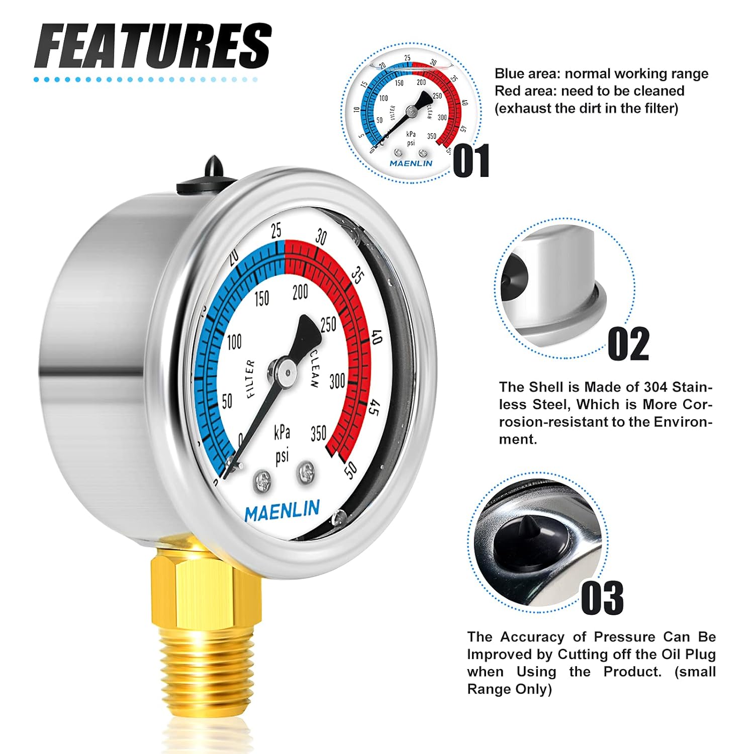 MEANLIN MEASURE 1/4" NPT 0-50psi Pressure Gauge, 2" Dial Glycerine Filled Pool Filter, 304 Stainless Steel Housing, Lower Mount, with 1/2" NPT and 3/8" NPT Hex Bushing