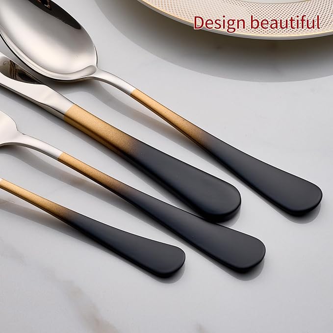 Colorful Silverware Set 20 Piece 18/0 Stainless Steel Flatware Black and Gold Handle Cutlery Set Service for 4 Fork Knife Spoon Set Mirror Finish Dishwasher Safe
