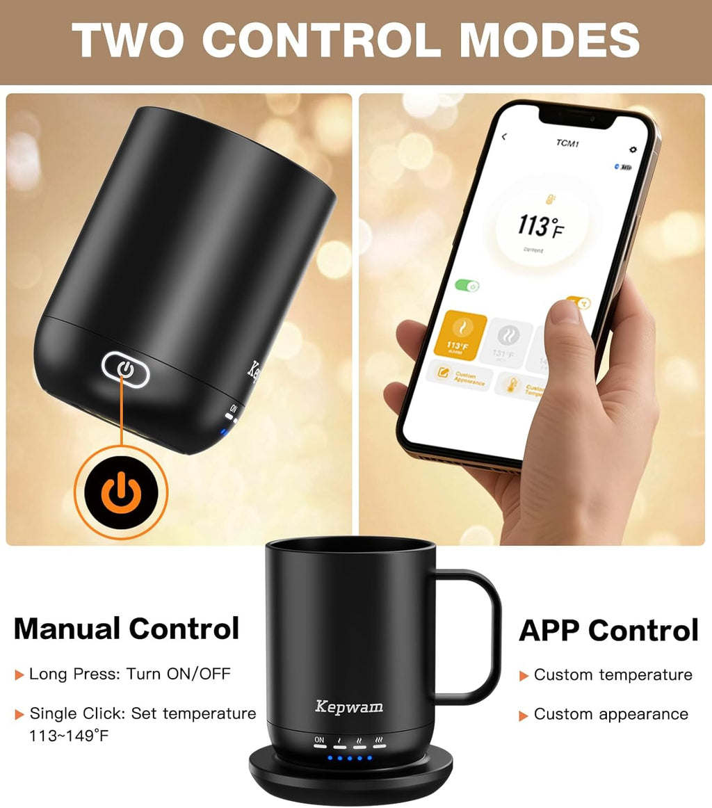 Self Heating Coffee Mug T1-16oz Fast Heating & Ultra Long-Lasting Battery Life, Heated Coffee Mug Up to 149℉ - Touch & App Controlled Coffee Mug, Birthday Gifts for Women and Men