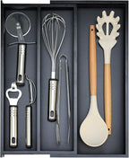 Bamboo Kitchen Tool Drawer Organizer Storage Black Cutlery Tray Expandable Silverware Drawer Divider Organizers Large Cooking Utensil Holder for Drawers Spoon Flatware Organizer Silverware Trays