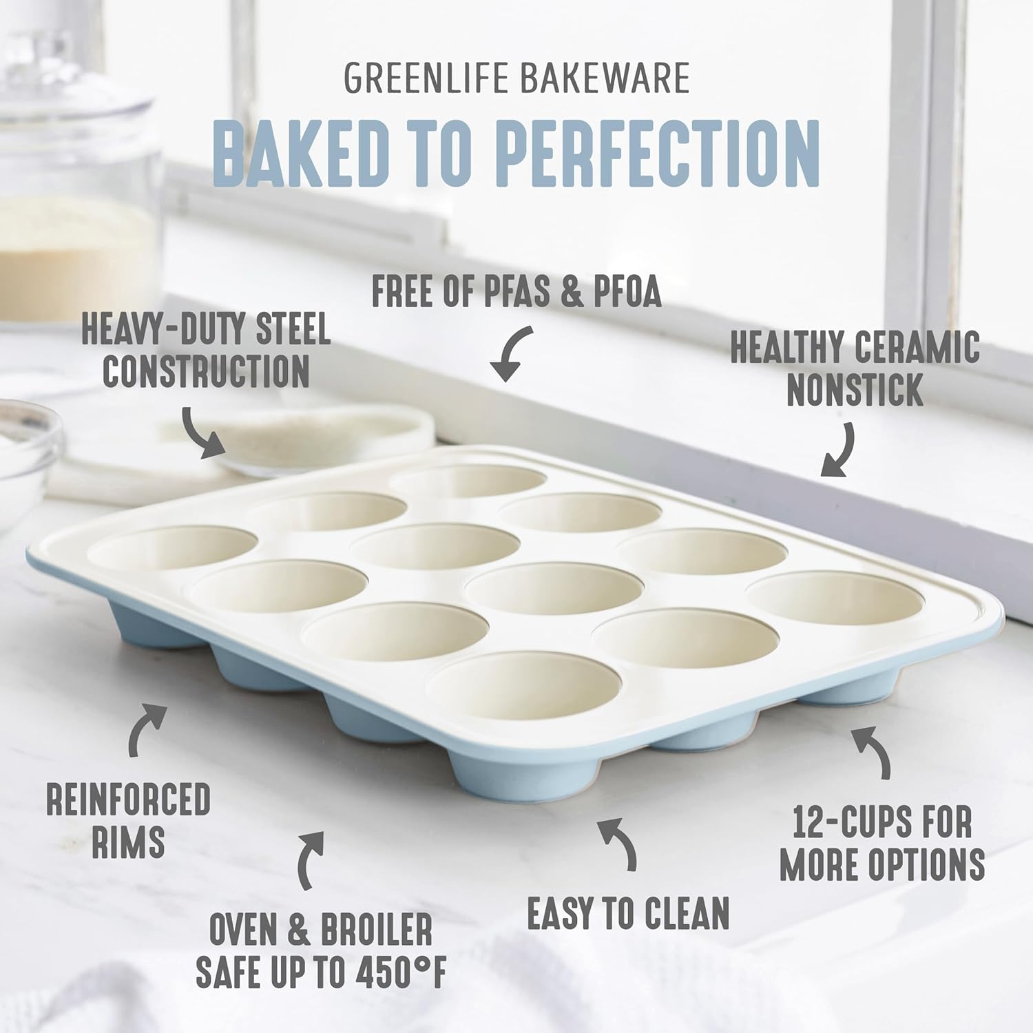 GreenLife 12-Cup Muffin Pan, Healthy Ceramic Nonstick Bakeware, PFOA & PFAS-Free Cupcake Tray, Durable Baking Pan, Versatile Kitchen Essential, Easy Clean Muffin Mold, Nonstick Baking Sheet, Blue Haze