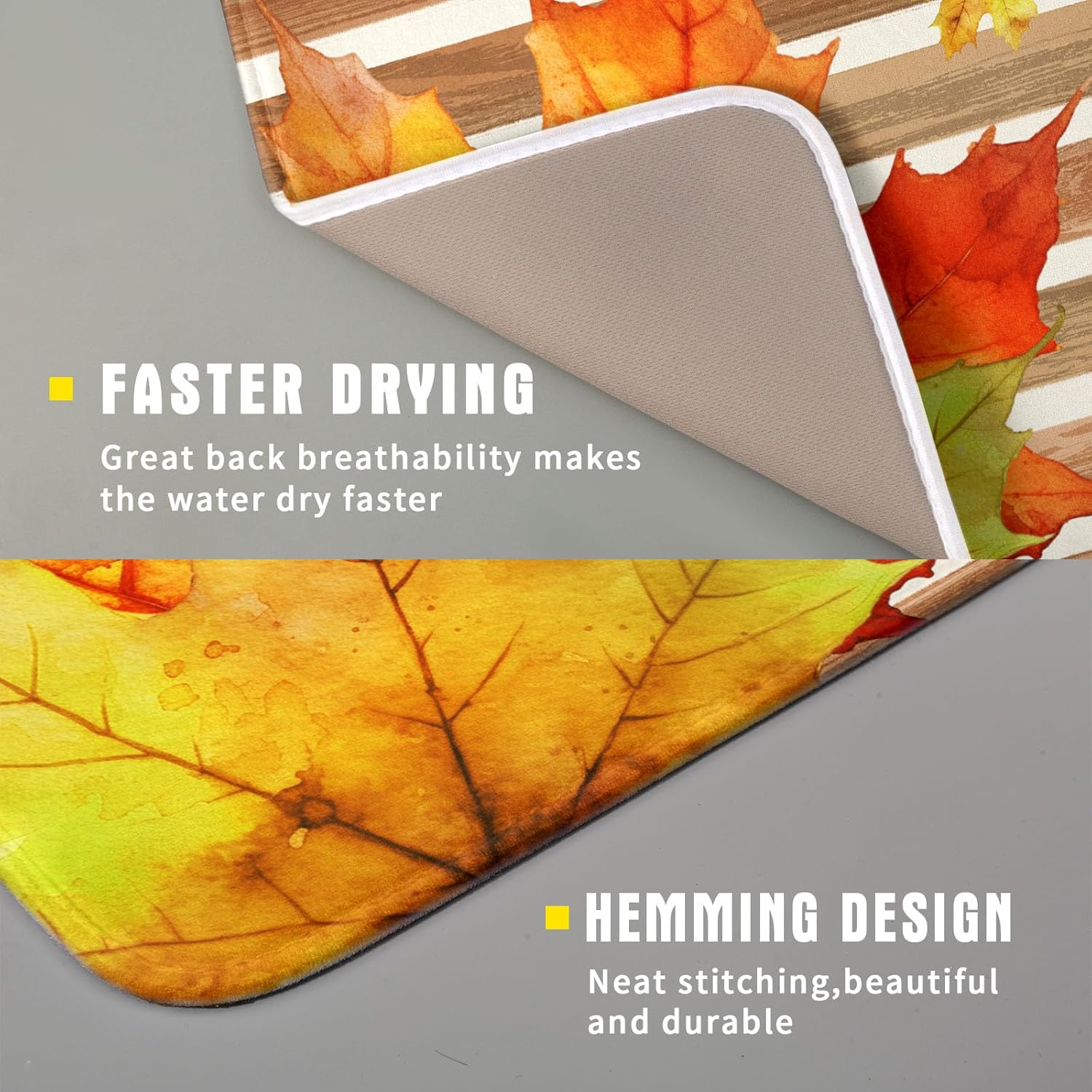 Autumn Golden Maple Leaf Dish Drying Mat for Kitchen Counter,Rural Wood Light Brown Stripes Drying Mat 16 x 18 Inch Microfiber Dish Drying Pad Dish Rack Drainer Mat for Coffee Bar