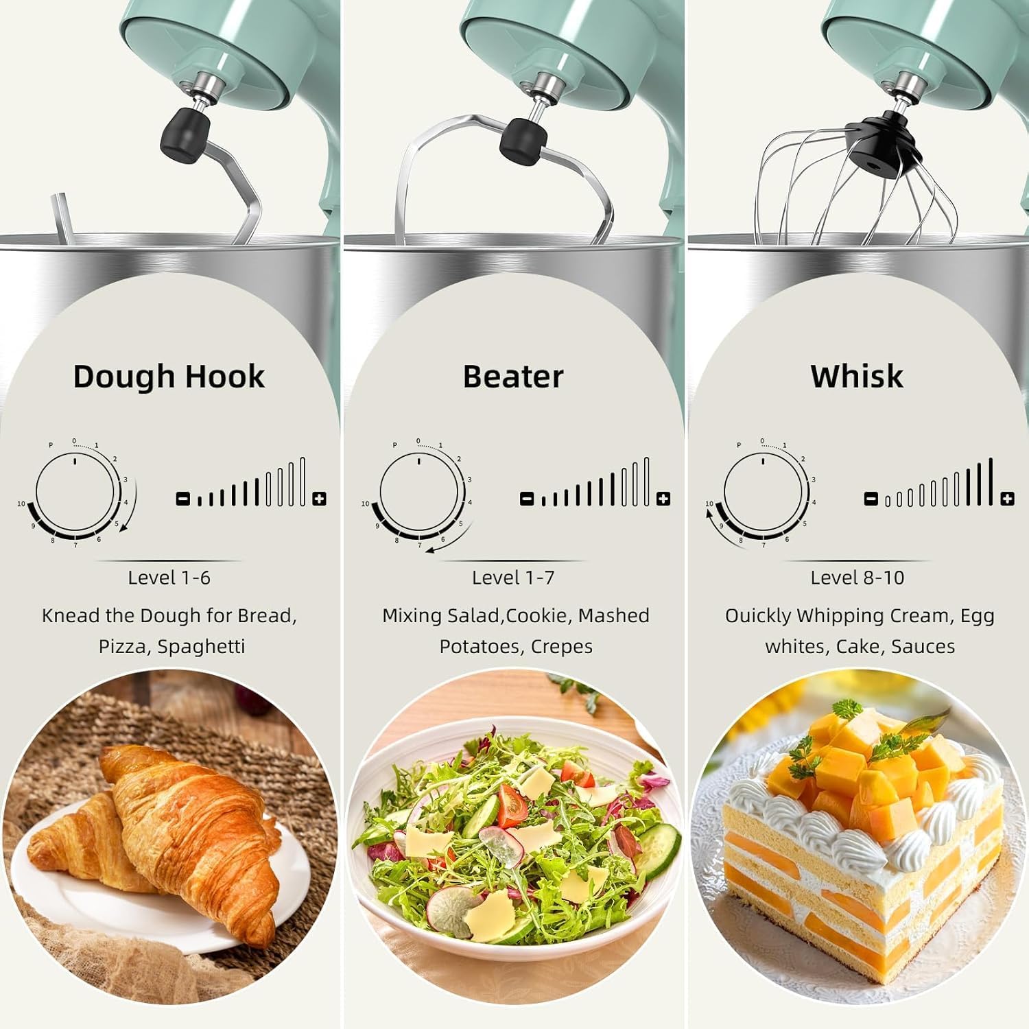 Electric Stand Mixer, 10 Speeds Tilt-Head Food Mixer, 3-IN-1 Kitchen Mixer for Daily Cooks with Dishwasher-Safe 6.5 QT Bowl,Dough Hook, Beater, Whisk (Agave Green)