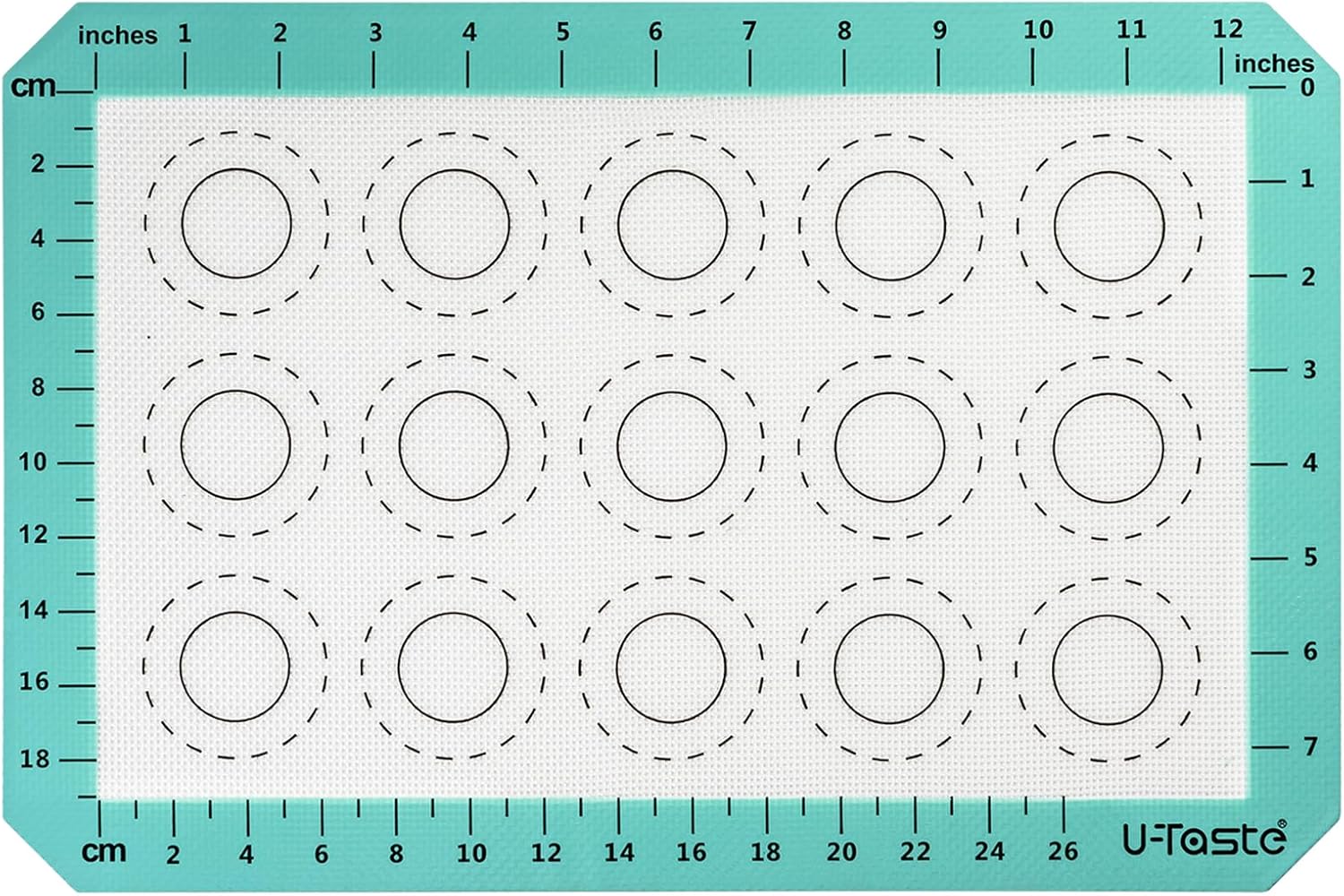 446ºF Heat Resistant Macaron Mat: U-Taste 14.17x9.44in Non Stick Silicone Baking Mat, Reusable Cookies Pastry Sheet Liner with Edge Enhancement & Circle Measurement for Cake Pan (Aqua Sky)