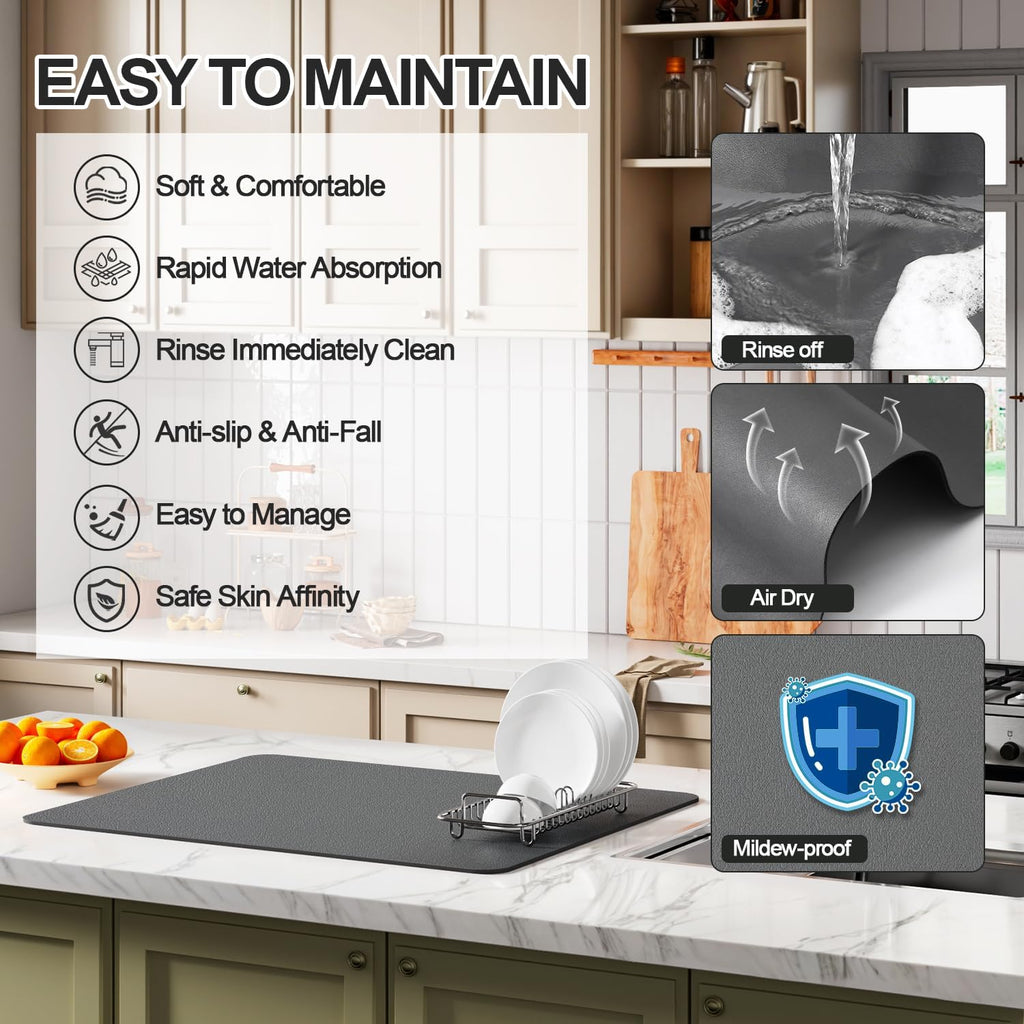 Dish Drying Mat for Kitchen Counter | Coffee Bar Mat for Countertops | Heat Resistant Drainer Mat with Non-slip Rubber Backed | Hide Stain Kitchen Absorbent Draining Mat | Dark Grey 16"x20"