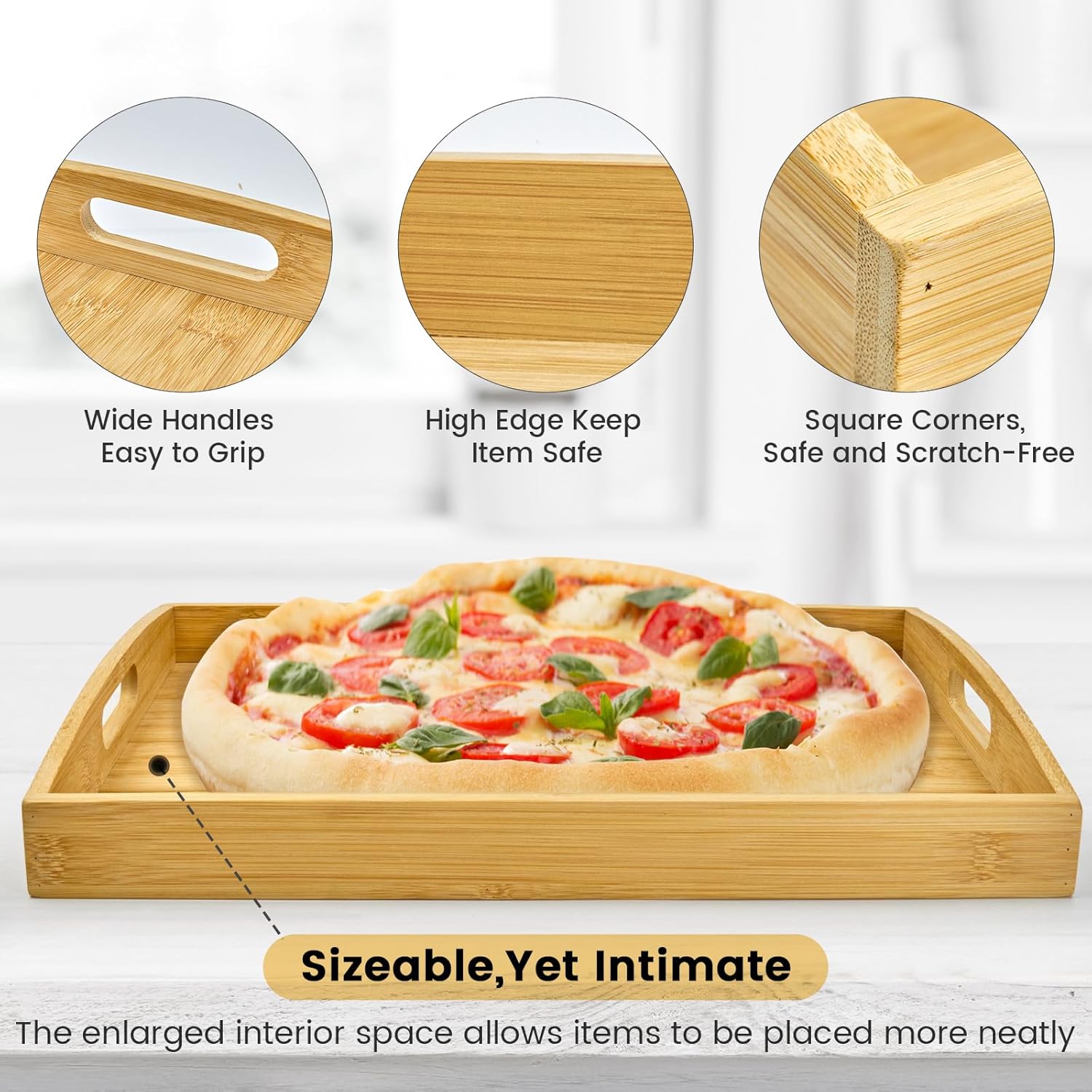 Bamboo Serving Tray with Handles Set of 3 - Decorative Wooden Trays for Eating, Working, and Storing, Suitable for Use in Bedroom, Living Room, Kitchen, Bathroom, Outdoor Scenarios and More