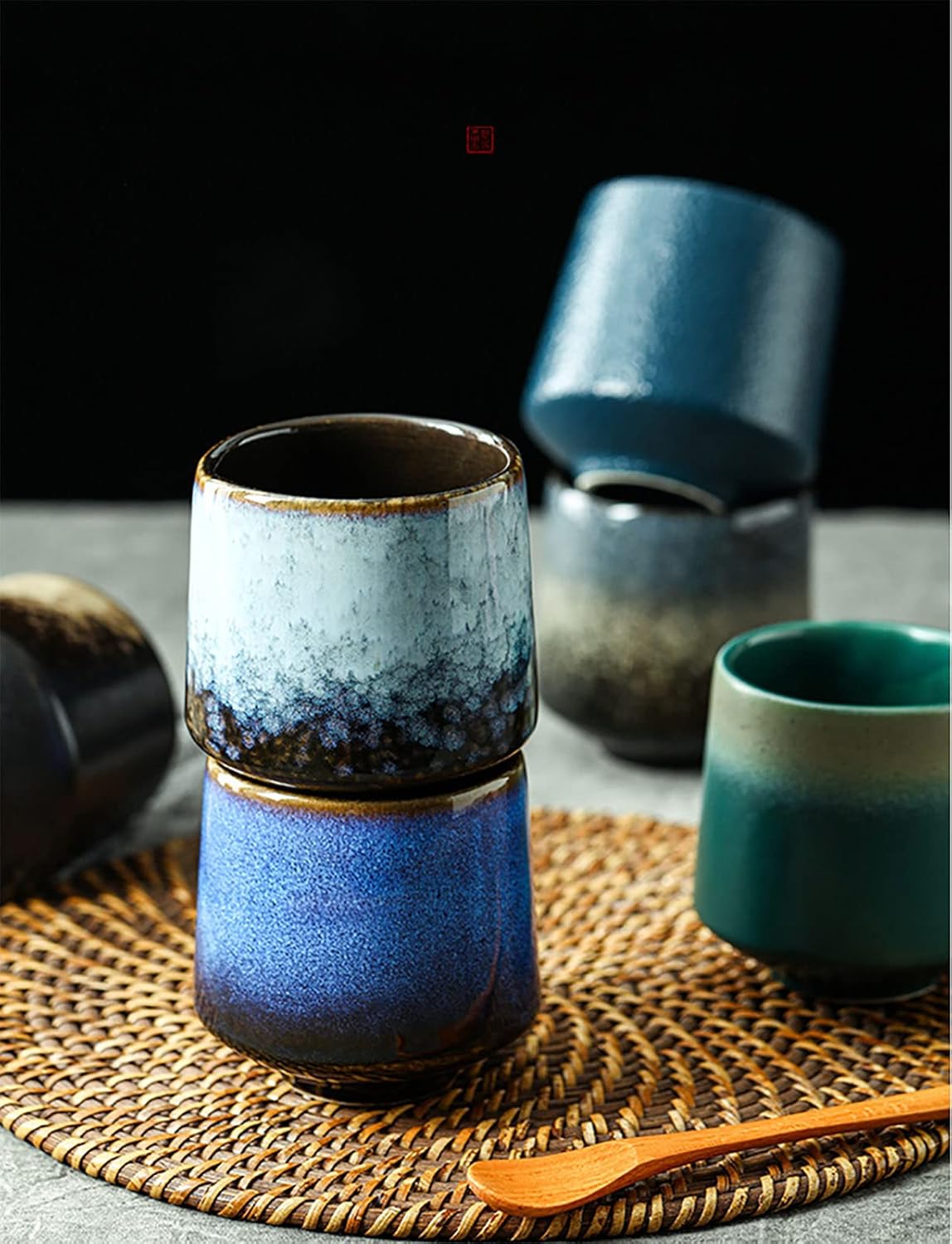 Ceramic Kung Fu Tea Set - 4 Piece Companion Cup Set for Coffee, Yerba Mate, Espresso (Blue)