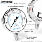 MEANLIN MEASURE 0~600Psi Liquid Filled Pressure Gauge Stainless Steel with 316 Stainless Steel Joint 1/4" NPT 2.5" FACE DIAL for WOG Water Oil Air Lower Mount