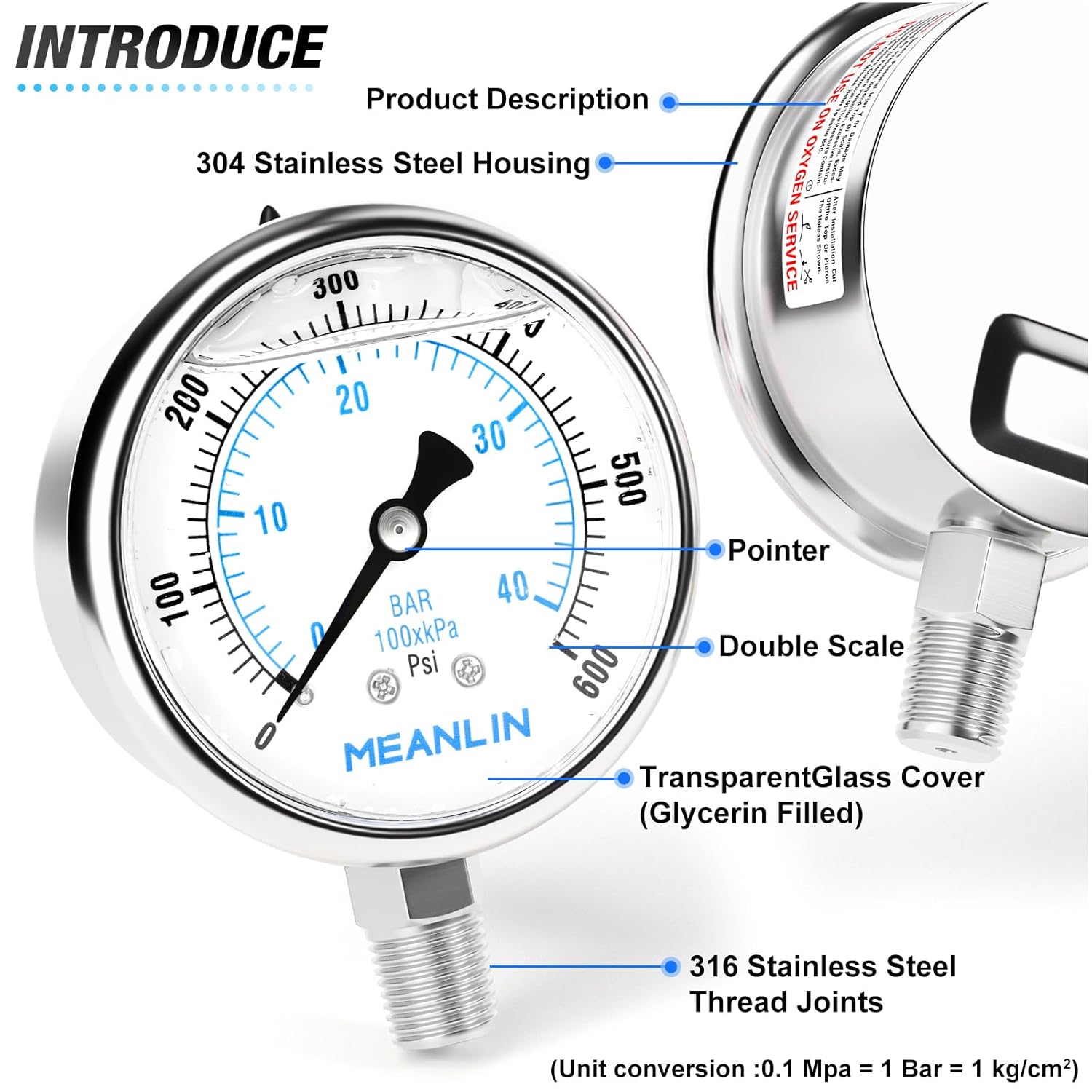 MEANLIN MEASURE 0~600Psi Liquid Filled Pressure Gauge Stainless Steel with 316 Stainless Steel Joint 1/4" NPT 2.5" FACE DIAL for WOG Water Oil Air Lower Mount