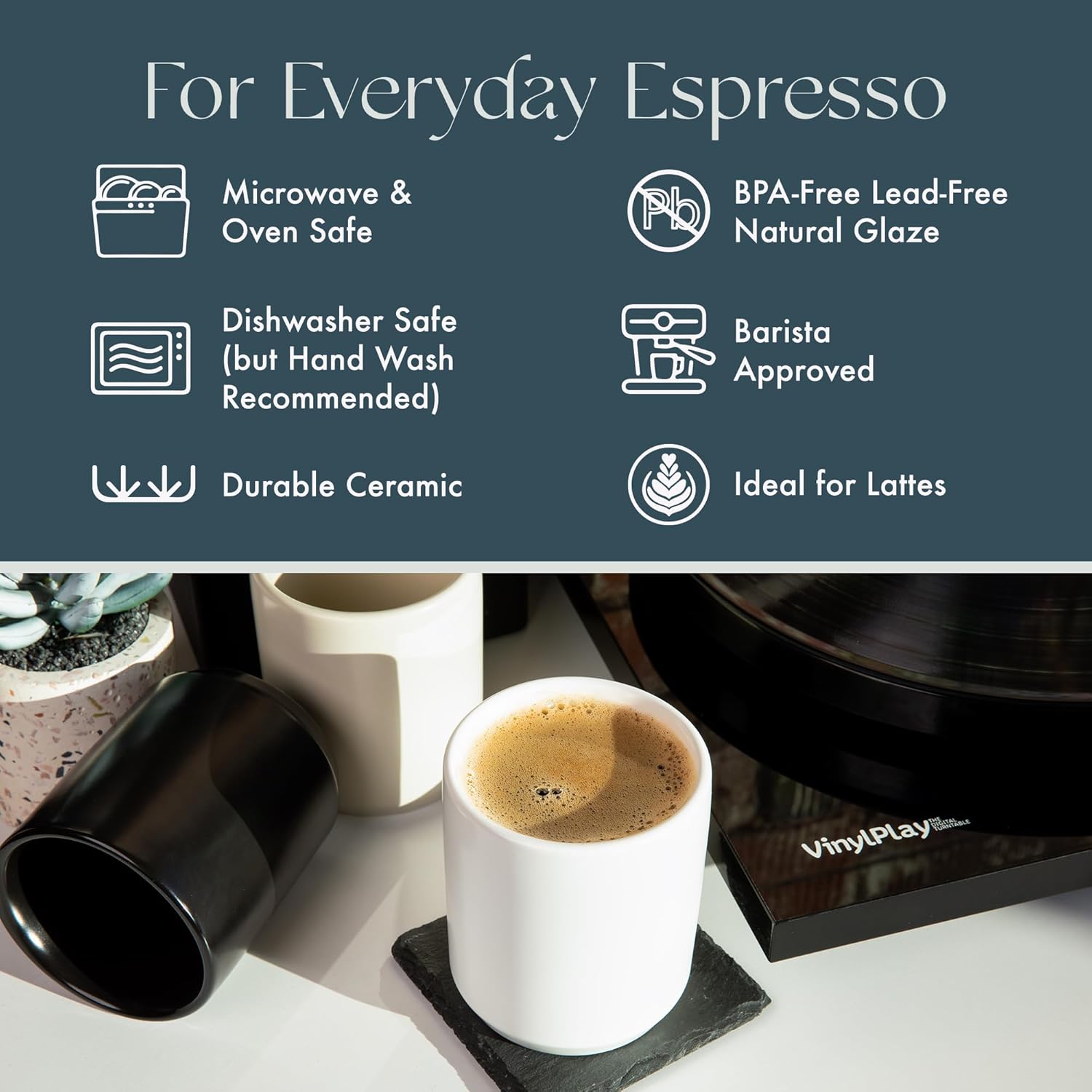 Folk Ceramics Dylan Ceramic Cappuccino Cups Set | Double Walled Ceramic Coffee Mug Set | Compact & Heat Insulated Cappuccino, Tea, Coffee & Latte Cup | 8oz, Set of 2 | Matte Black