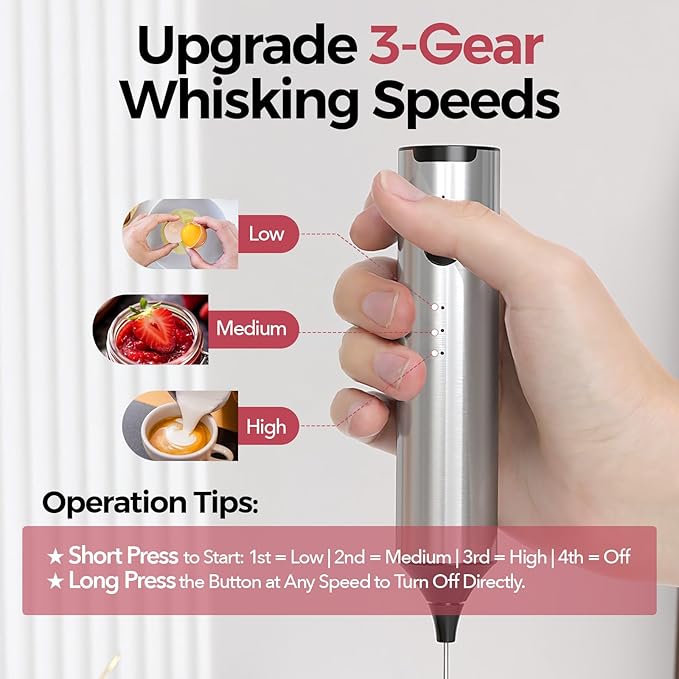 YARRAMATE Rechargeable Milk Frother Wand Handheld With Stand, 3 Speed Adjustable Drink Mixer with 2 Whisks, Stainless Steel Electric Stirrer for Coffee, Lattes, Protein Shakes, Matcha, Egg