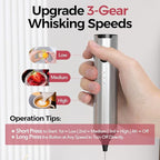 YARRAMATE Rechargeable Milk Frother Wand Handheld, 3 Speed Adjustable Electric Drink Mixer with 2 Whisks, Stainless Steel Stirrer for Coffee, Lattes, Protein Shakes, Matcha, Egg