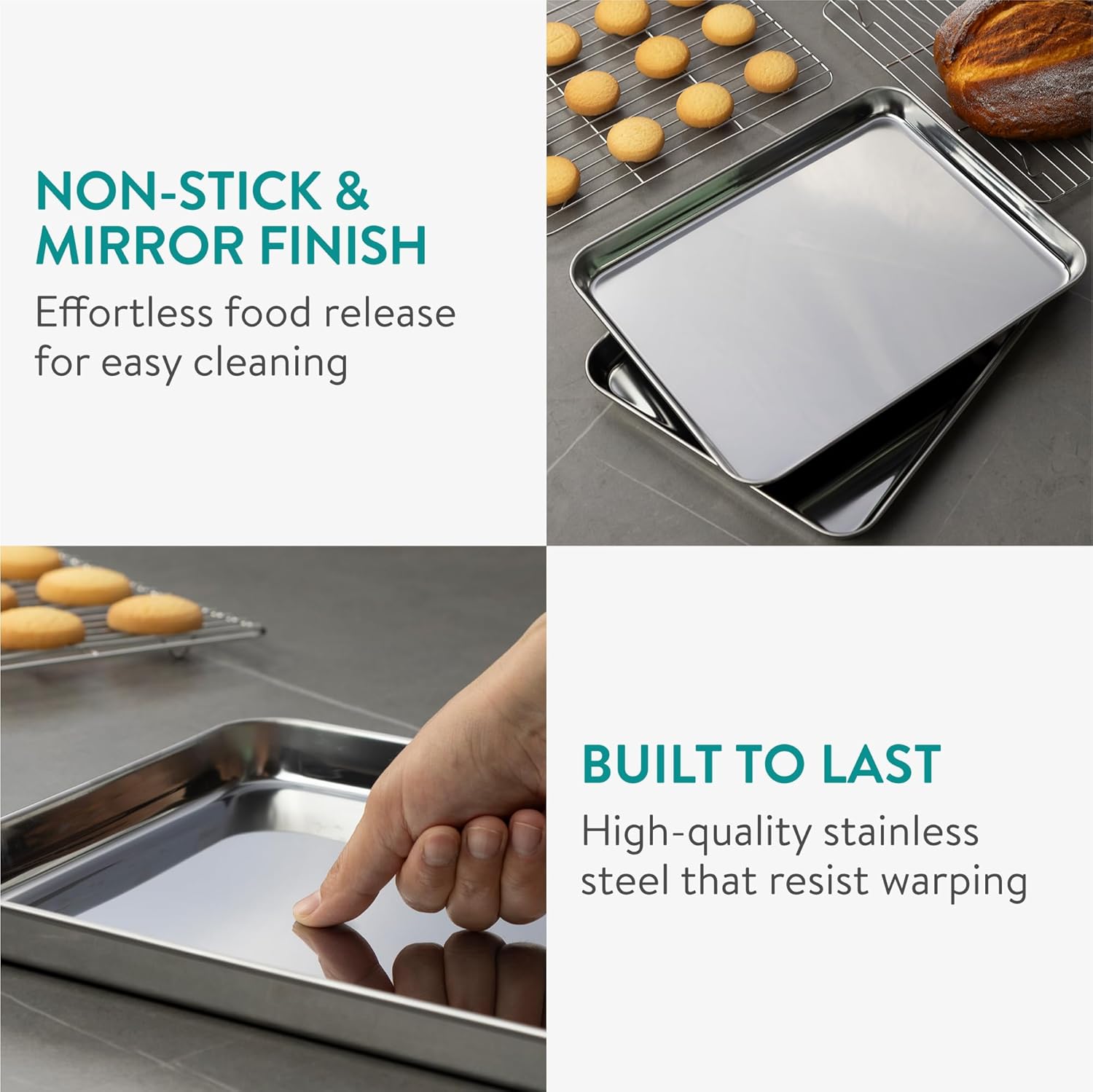 Navaris Quarter Sheet Baking Pan Breading Trays w Racks - Stainless Steel Baking Sheet with Wire Rack Insert for Oven Cooking - Cookie Bacon Tray - Set of 4 12.2X 9.4” (31x24cm)