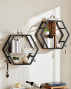 Hexagon Floating Shelves Set of 2, Glass Hanging Shelves for Wall Decor, Industrial Style Wall Storage Rack and 12 S-Hooks, for Living Room, Bedroom, Office, Game Center, Rustic Brown TBJ08BF