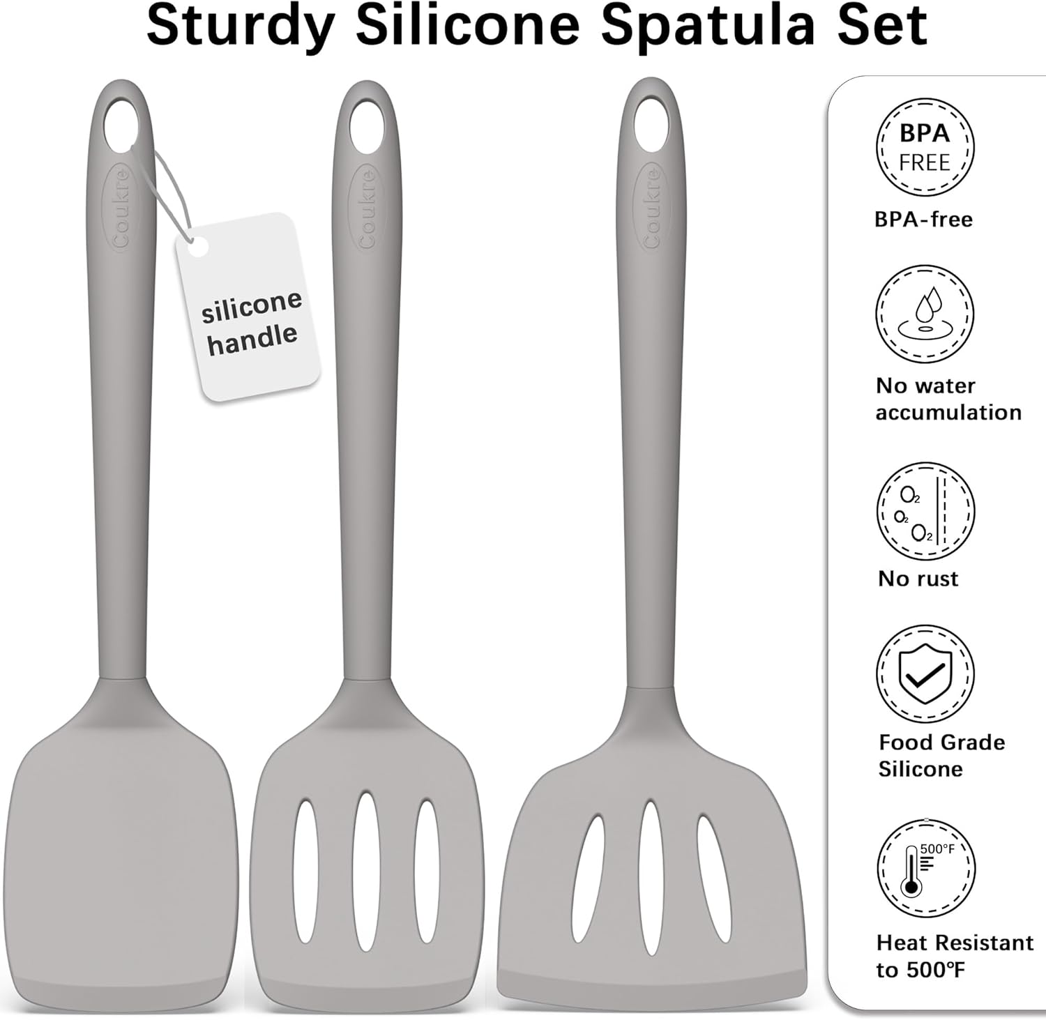 Coukre Silicone Spatula Set of 3, High Heat Resistant, BPA-Free, Kitchen Utensils, Fish Spatula, Solid & Slotted Turner for Non-Stick Pans, Flipping Eggs, Pancakes, Fish, Burgers (3, PureGray)