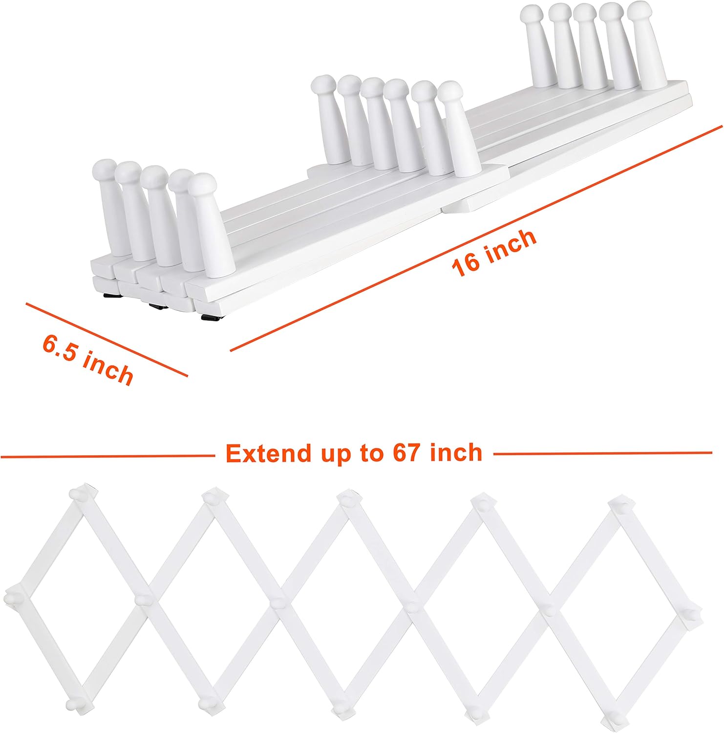 Dseap Accordian Wall Hanger: 16” High Wooden Wall Expandable Coat Rack, Hat Rack Holder, Accordion Hook for Baseball Caps, Coats, Mugs, 16 Peg Hooks, White