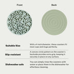 Set of 6 Sage Green Silicone Coasters with Holder, Drink Coasters with Tribal Pattern Shape- for Table Protection, Anti Slip, Nonstick, Heat Resistant, Deep Tray