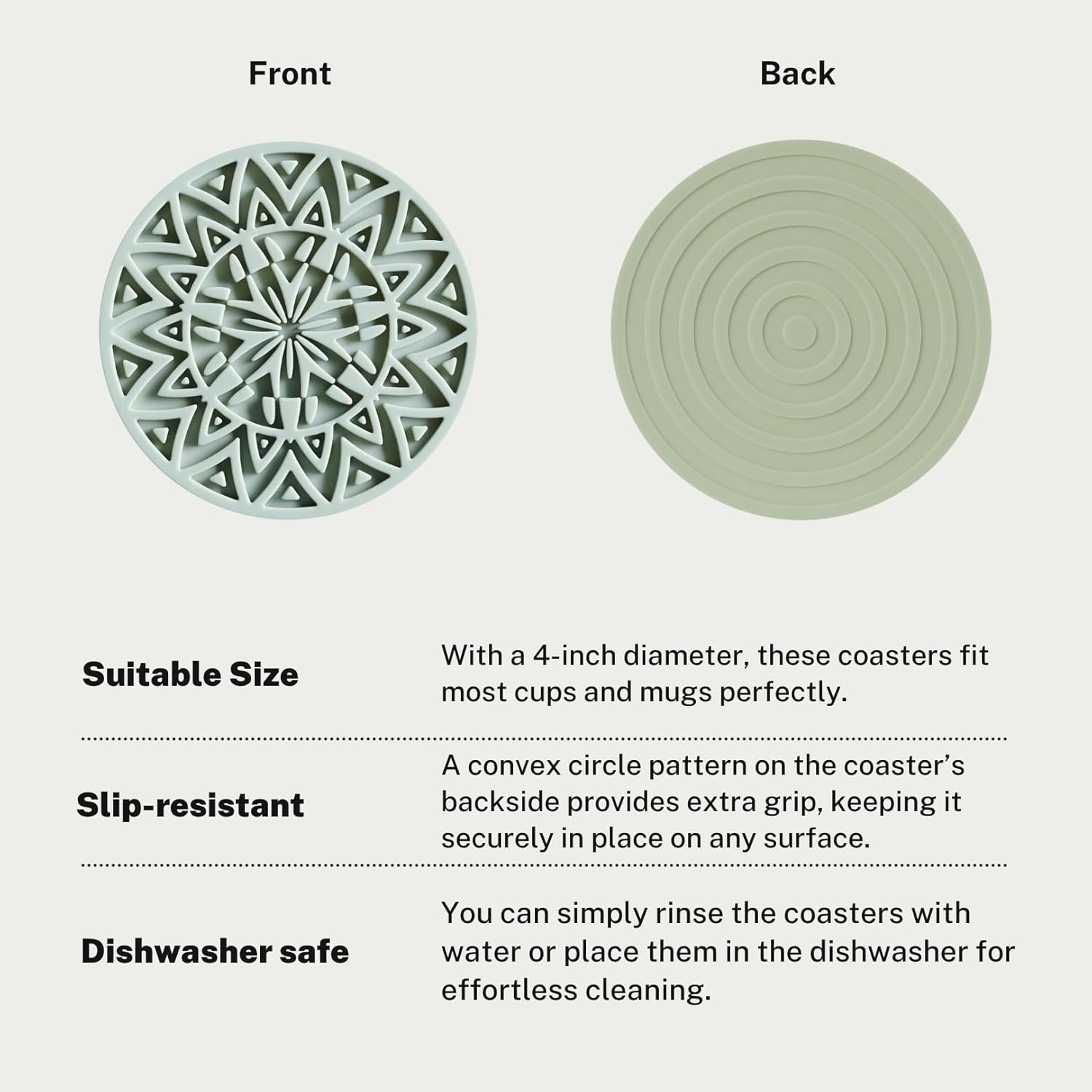 Set of 6 Sage Green Silicone Coasters with Holder, Drink Coasters with Tribal Pattern Shape- for Table Protection, Anti Slip, Nonstick, Heat Resistant, Deep Tray