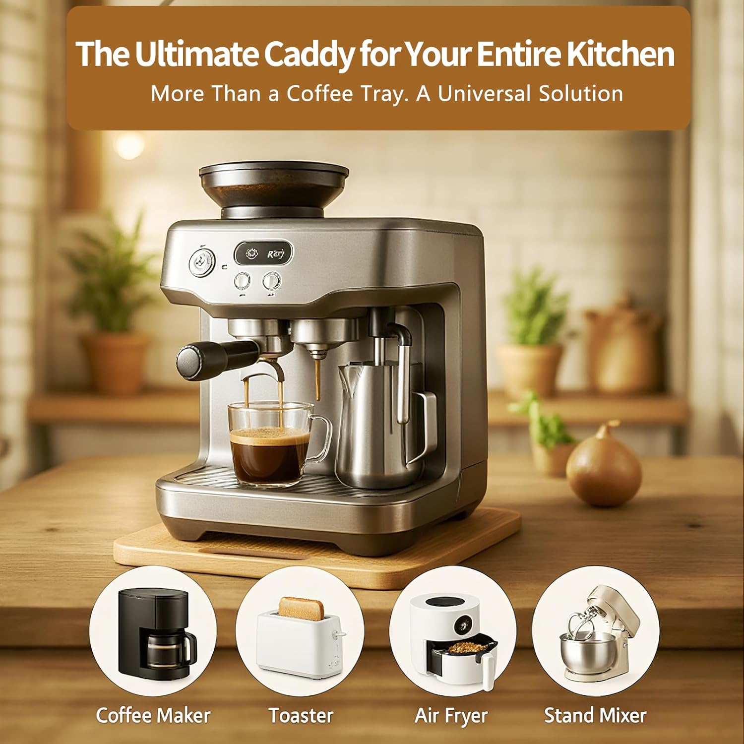 Bamboo Appliance Slider|16"D x 13"W Sliding Tray for Coffee Maker on Countertop|Heavy-Duty Coffee Pot Slider Tray & Kitchen Caddy for KitchenAid Mixer, Air Fryer